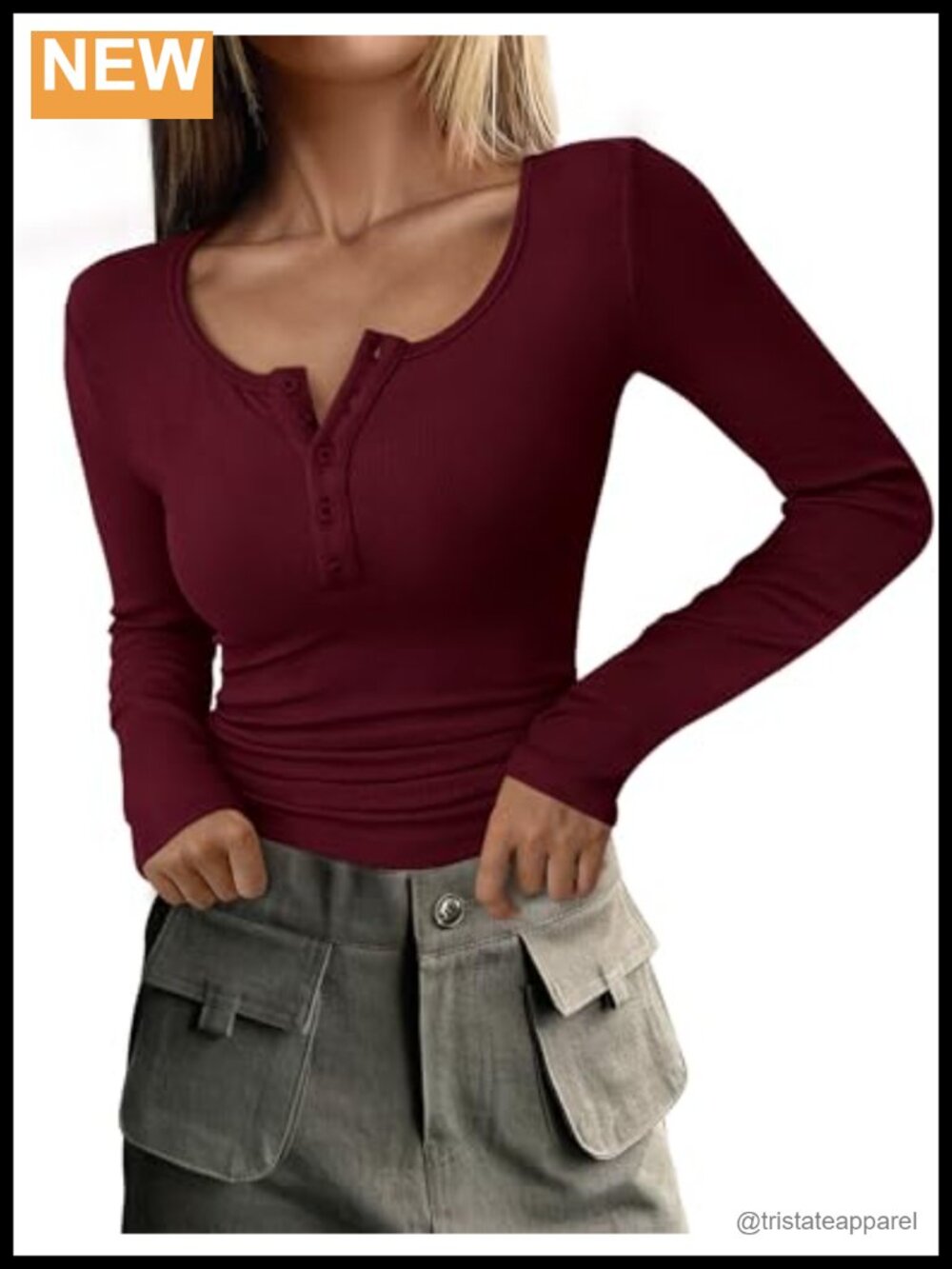 Women's Long Sleeve Henley T-Shirt Ribbed Knit Slim Fit Casual Top